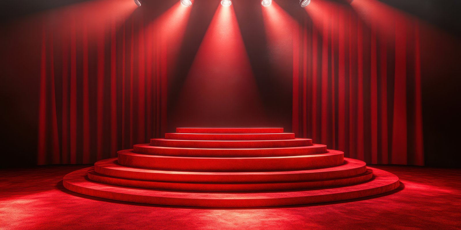 Stage setup with red curtains and lighting creating a dramatic atmosphere for an upcoming performance or event